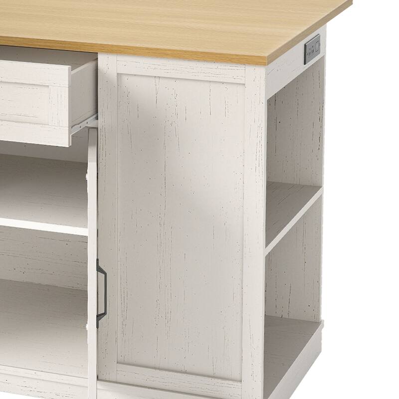 Moasis 50" Kitchen Island with Power Outlet & Drop Leaf,Rolling Island Cart with Trash Can Cabinet