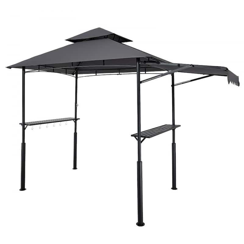 8x5 Feet BBQ Grill Gazebo with Double Tier Roof and Steel Frame Side Shelves and Hanging Hooks - 95.67” x 59.06” x 98.43”