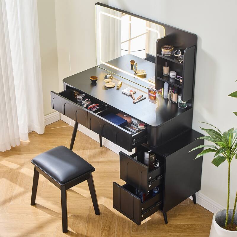 Modern Makeup Vanity Desk with LED Lights & Mirror, Extendable Dressing Table Set with Stool, 4 Drawer & Side Cabinet