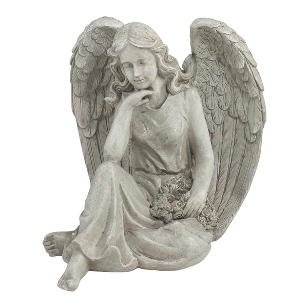 16.5" Sitting Angel Holding a Floral Wreath Outdoor Garden Statue - N/A
