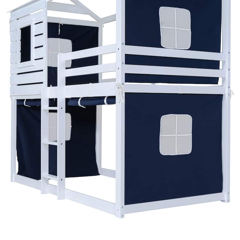 Blue Twin Size Solid Wood House Bunk Bed with Tent, Ladder and Fence for Kids, Bedroom