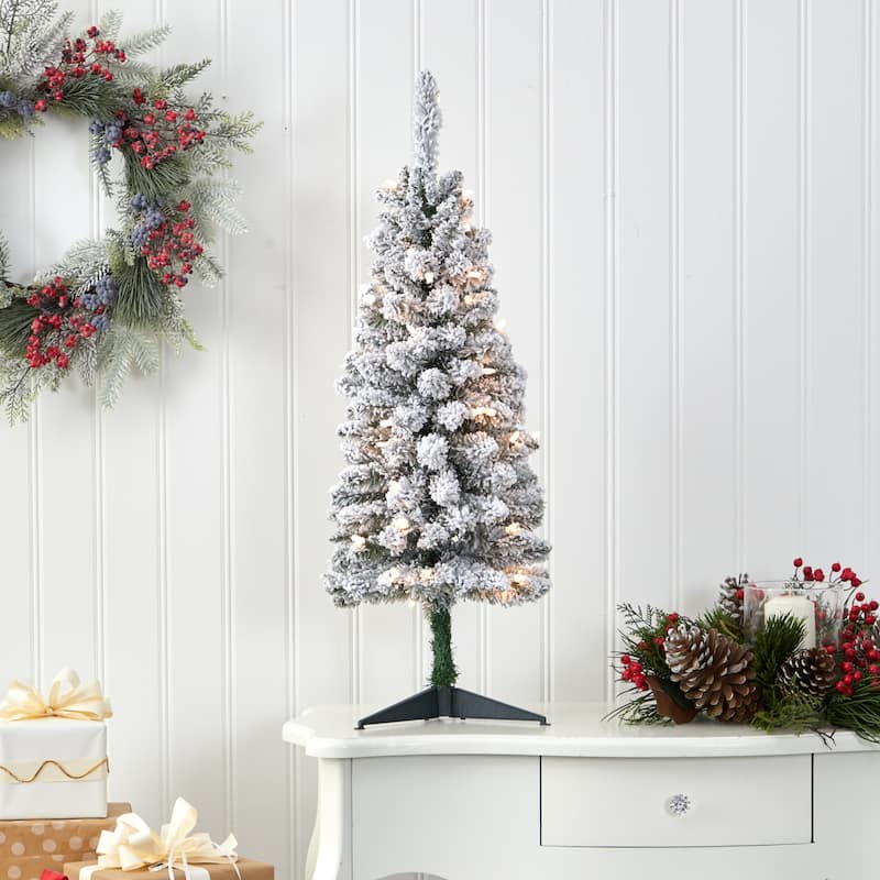 3Ft Pencil Christmas Tree with Lights - Holiday Decor, Small Space Tree, Bendable Branches, Festive Holiday Tree - White - 36