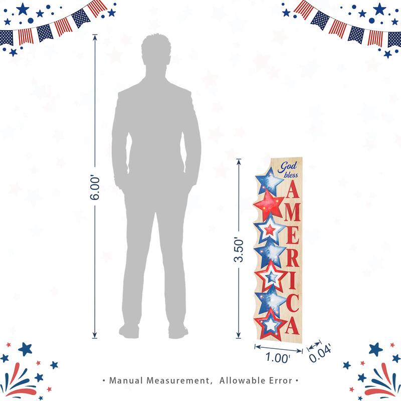 Glitzhome 42"H Lighted Patriotic/ Americana Wooden Stacked Stars Porch Sign with Timer