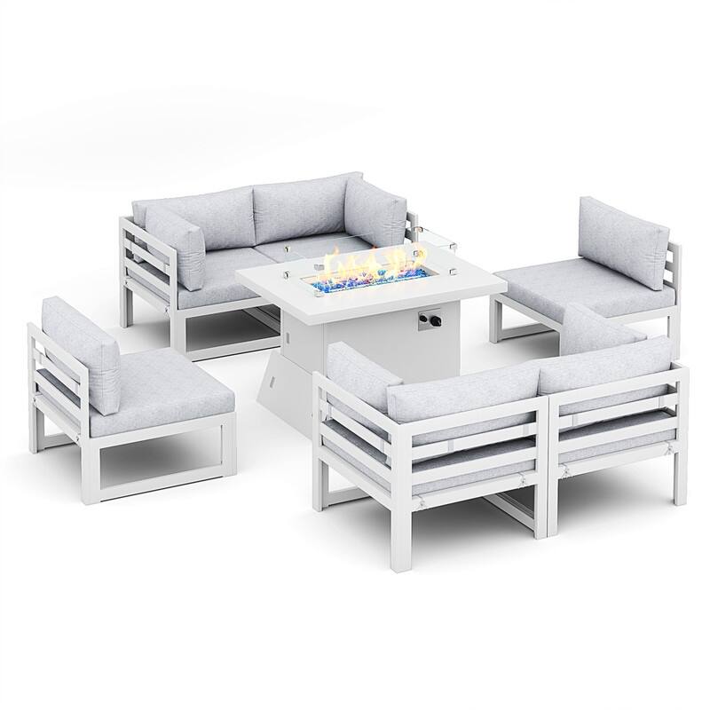 FINCATI Modern 7 Piece White Aluminum Outdoor Furniture Set with Propane/Natural Gas Firepit Table