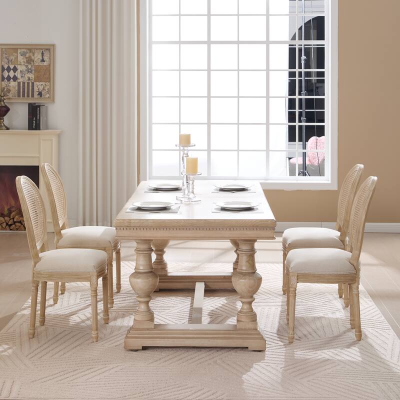 French Country Dining Chairs Set of 2, Upholstered Chairs with Nature Rattan Round Back, Wire drawing and carving techniques