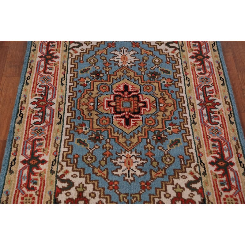 Light Blue Geometric Heriz Serapi Foyer Rug Handmade Wool Carpet - 3'0"x 5'0"