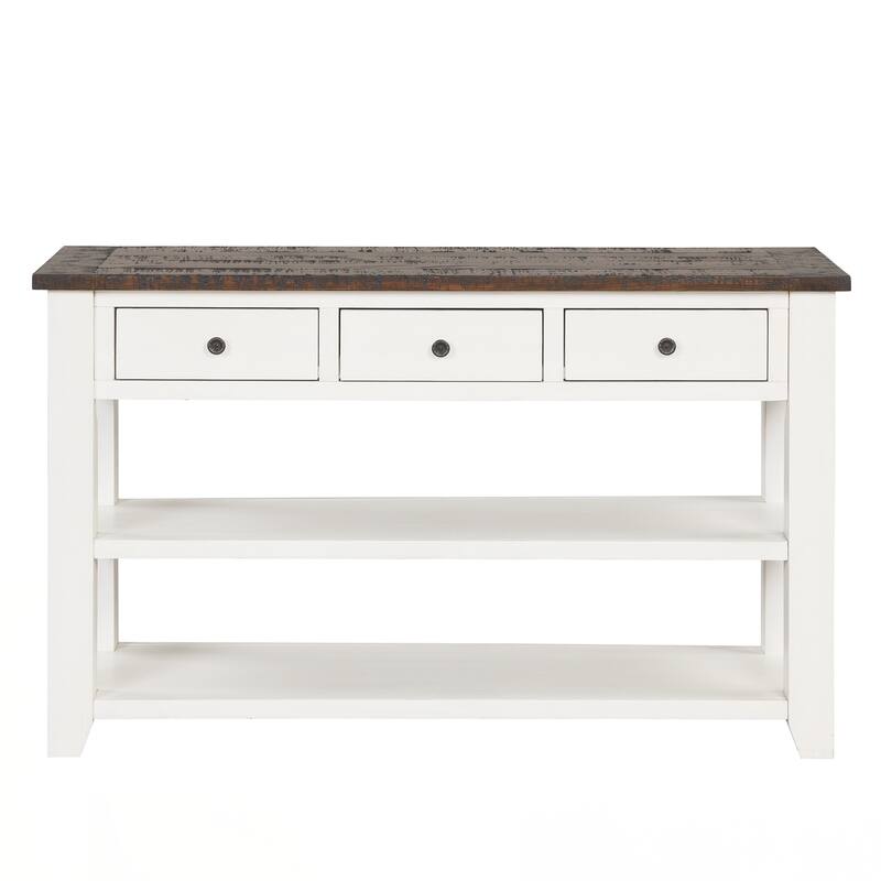 48'' Solid Pine Wood Top Console Table, Modern Entryway Sofa Side Table with 3 Storage Drawers and 2 Shelves