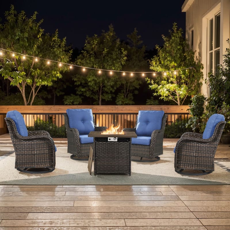 Pocassy 5 Pieces Fire Pit Table with Swivel Gilder Chairs - Brown Wicker Blue Cushion - 5 Pieces Swivel Chair with Fire Table