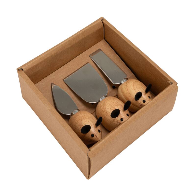 3-Piece Rubberwood & Stainless Steel Cheese Knives with Mouse Shaped Handles - 5.25"L x 1.5"W x 1.5"H