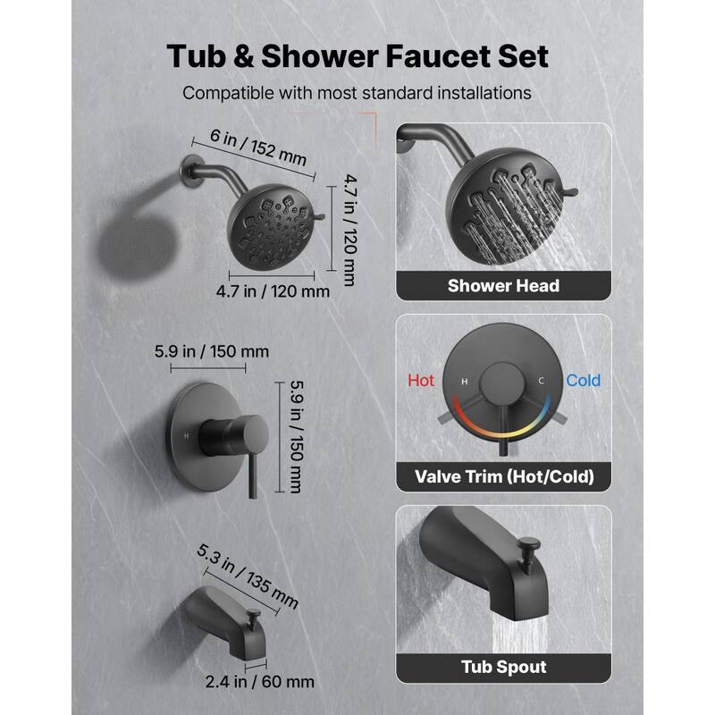 Matte Black ABS Stainless Steel Tub and Shower Faucet Set with 9-Mode High-Pressure Shower - 4.72 x 3.66 in