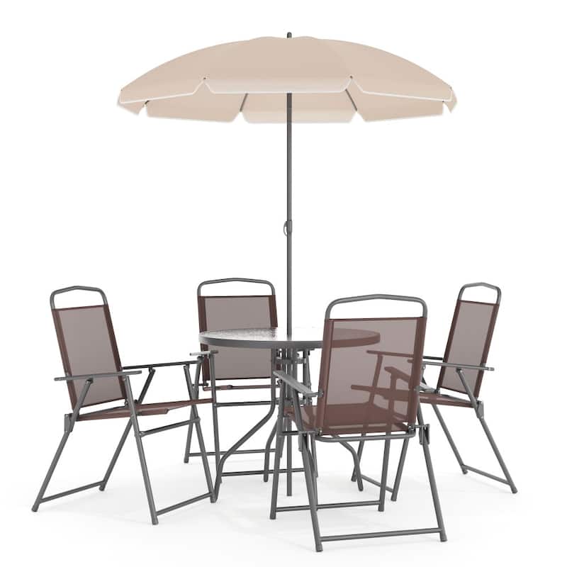 Nantucket 6 Piece Patio Garden Set with Table, Umbrella and 4 Folding Chairs - Brown