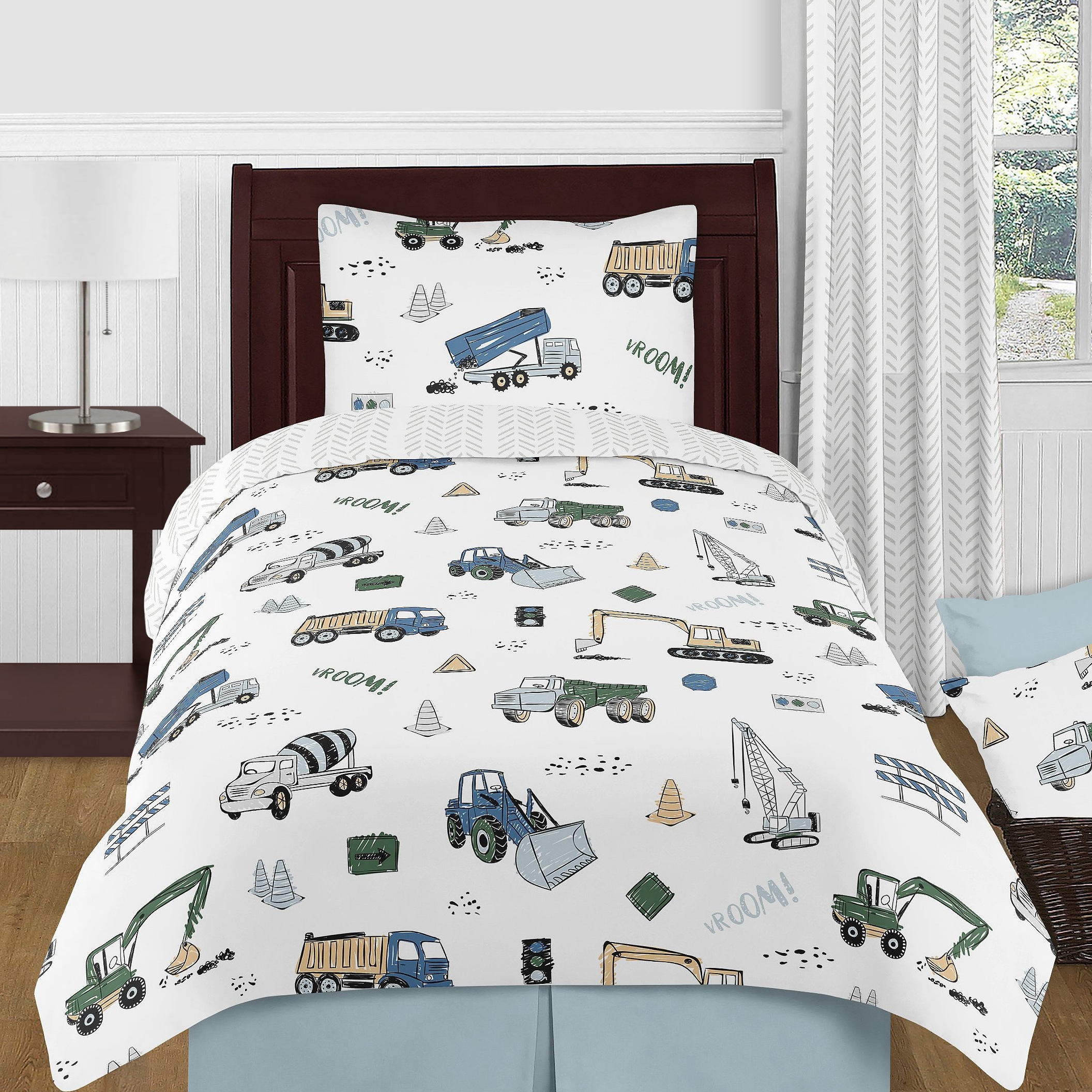 4pc Construction Truck Twin Kids Comforter Bedding Set Green and Blue Sweet Jojo Designs