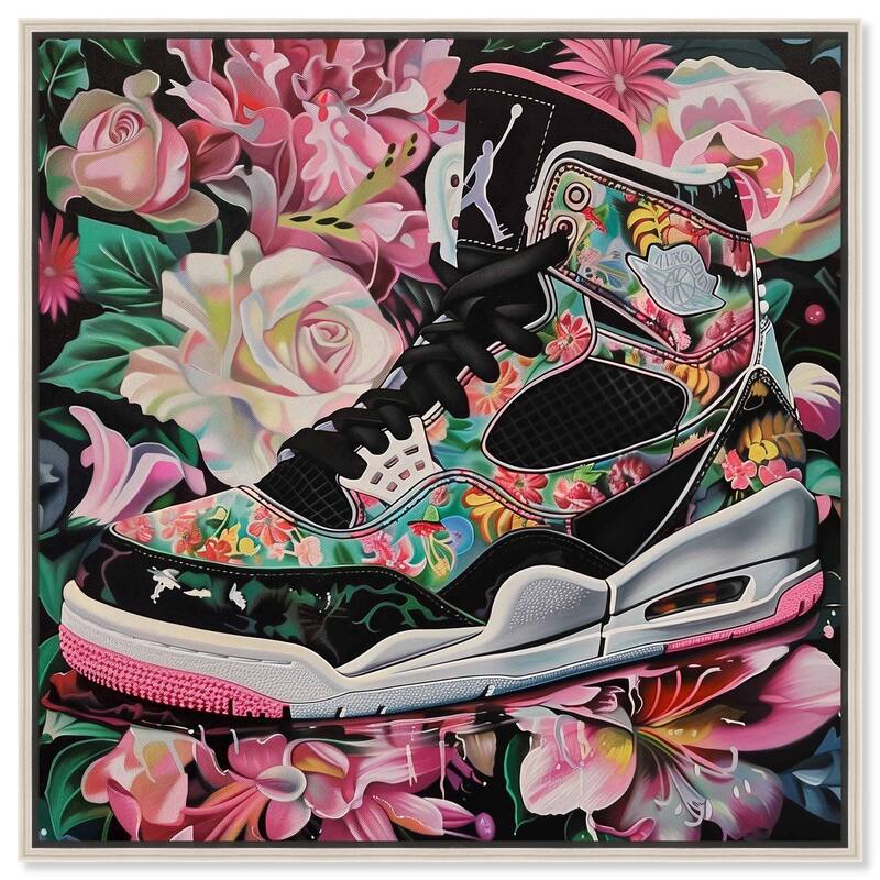 Hidden in Floral Bloom Sneaker Canvas by Art Remedy - Silver - 16" x 16"
