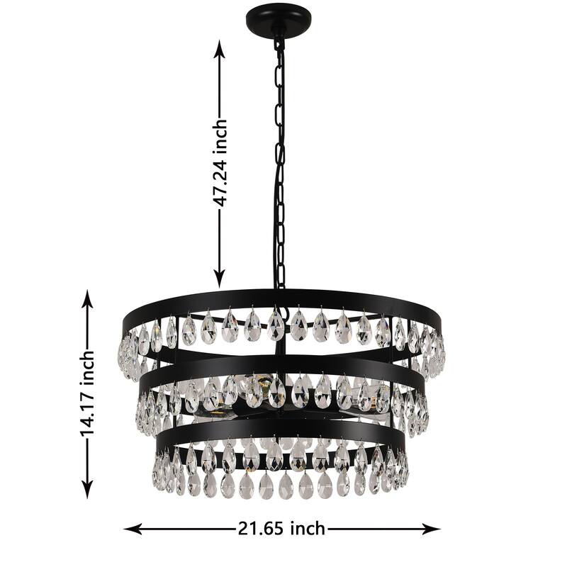 3 - Light 3 - Tier Crystal Chandelier, Black Iron Frame, Ceiling Pendant - Matte Black