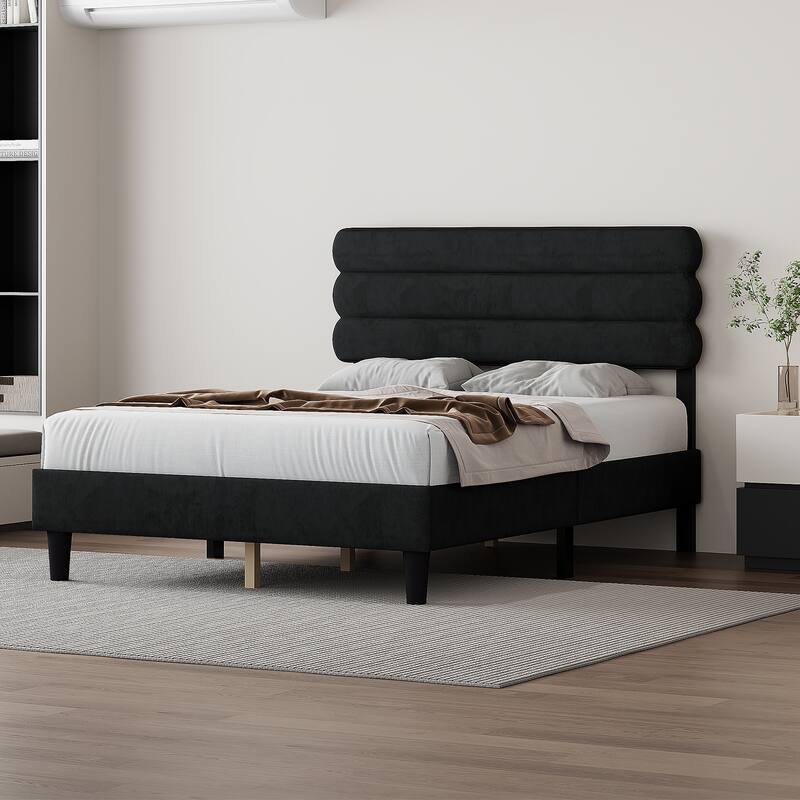 Queen Size Modern Channel-tufted Upholstered Platform Bed - DARK GREY