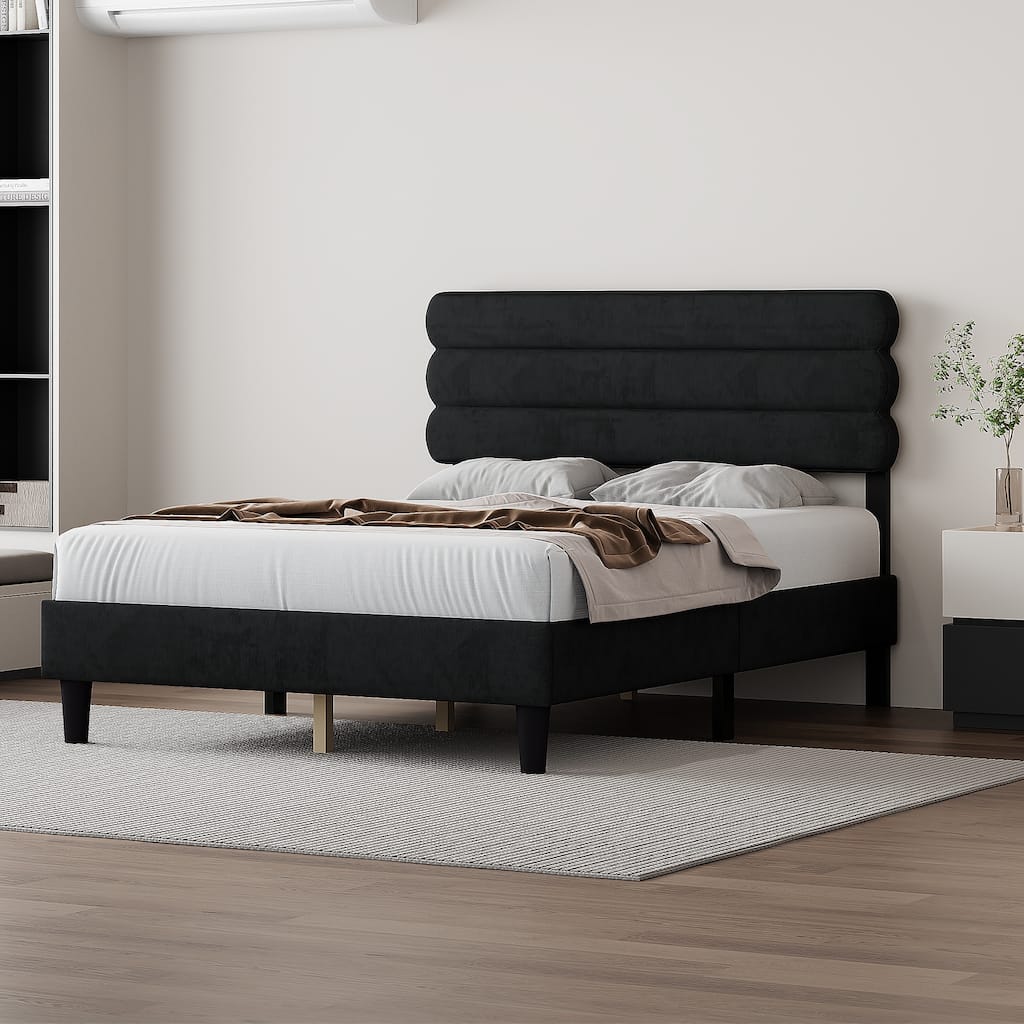 Queen Size Mattress Foundation, Wooden Slats Support Platform Bed Frame Upholstered Bed with Headboard No Box Spring - DARK GREY