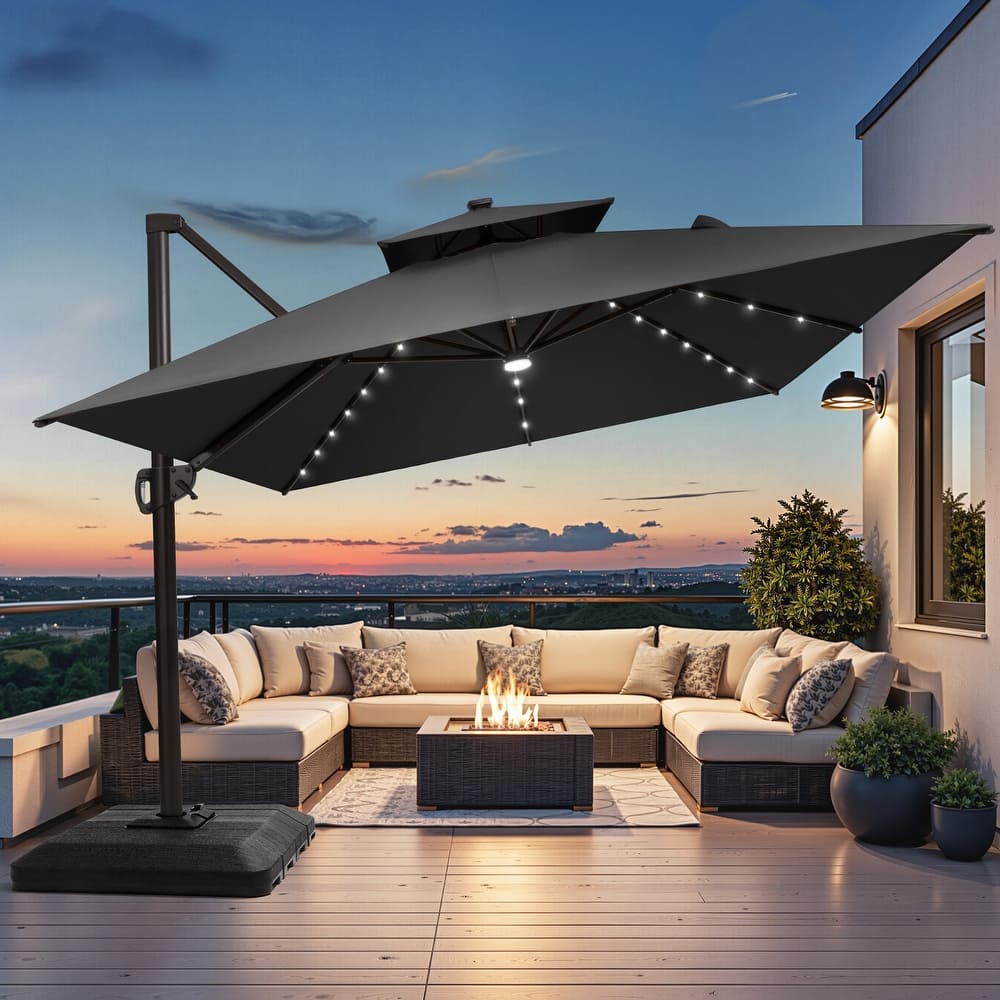 10 X 13 FT Outdoor Patio Cantilever Umbrella with Solar Lights 4-Piece Premium Base Double Canopy 360 Rotation Tilt