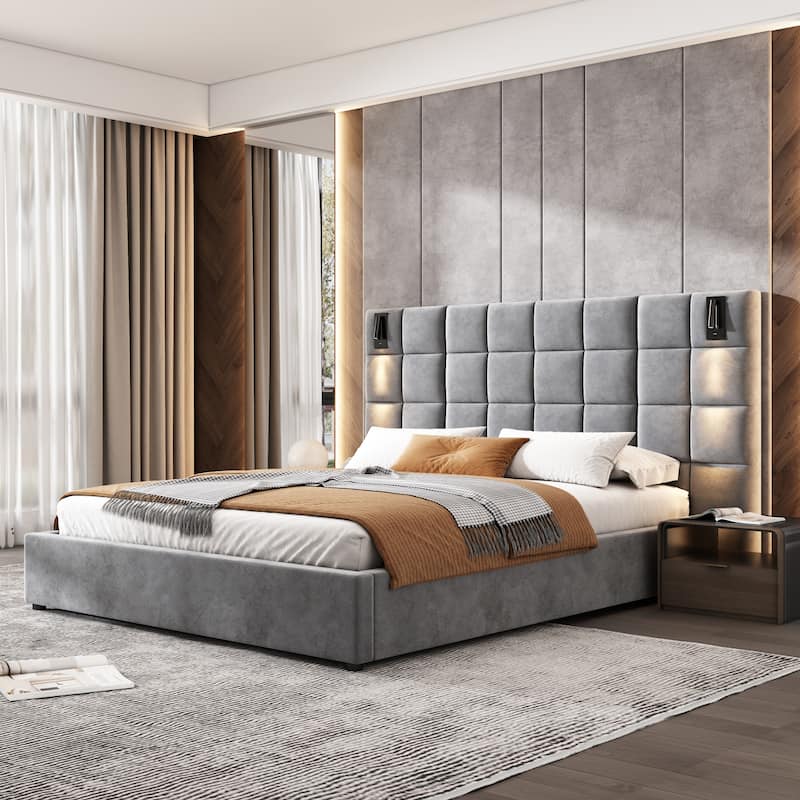 Christopher Knight Home Modern Upholstered Velvet Platform Bedframe & Headboard with Lamps and USB Ports, Grey - Grey - Queen