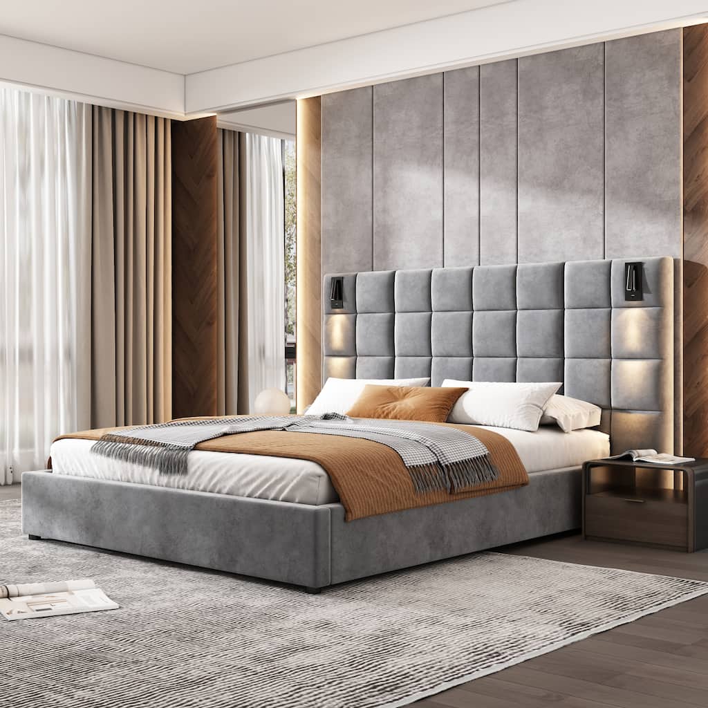 Queen Size Upholstered Bed Frame,With Wall Sconce And USB Port, Wide Headboard, Velvet, Gray