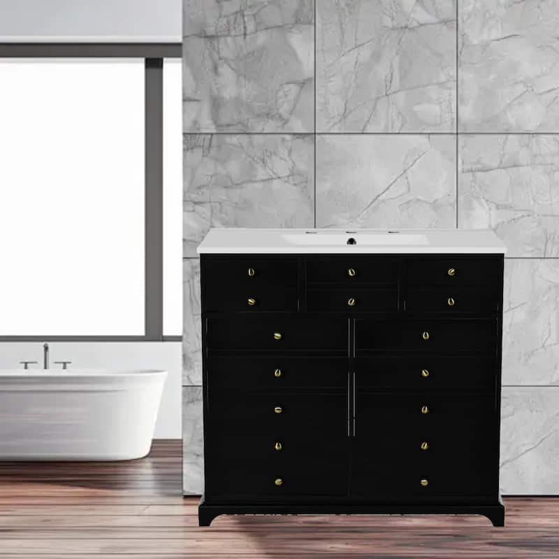 36" Ceramic Sink Bathroom Vanity Combo, Solid Wood Freestanding Vanity with 2 Drawers & Soft-Close Doors - Black