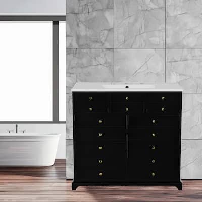 36" Ceramic Sink Bathroom Vanity Combo, Solid Wood Freestanding Vanity with 2 Drawers & Soft-Close Doors