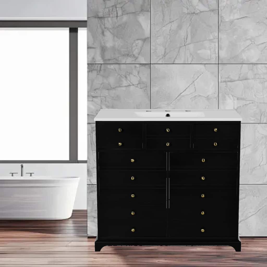 36" Ceramic Sink Bathroom Vanity Combo, Solid Wood Freestanding Vanity with 2 Drawers & Soft-Close Doors