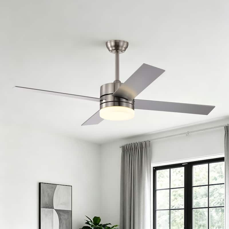 Brushed Nickel 52 in. 6-Speed Integrated LED Indoor 4-Blade Ceiling Fan with Light Kit and Remote Control - 52 in. Dia x 17.1 in. H or 21.1 in H - Brushed Nickel - Remote