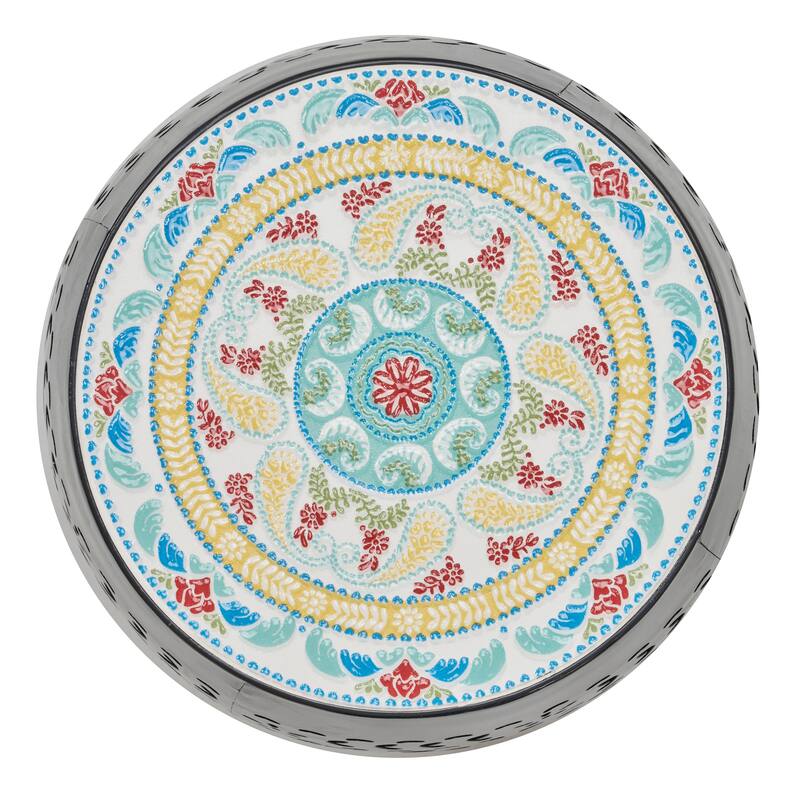 18.25" Modern Round Side Table with Boho Pattern Ceramic Tile Top and Unique Color Iron Frame