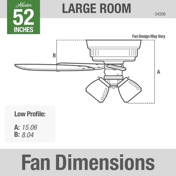 dimension image slide 2 of 3, Hunter 52" Crestfield Low Profile Ceiling Fan with 3-Light LED Light Kit and Pull Chain - Casual, Farmhouse, Rustic