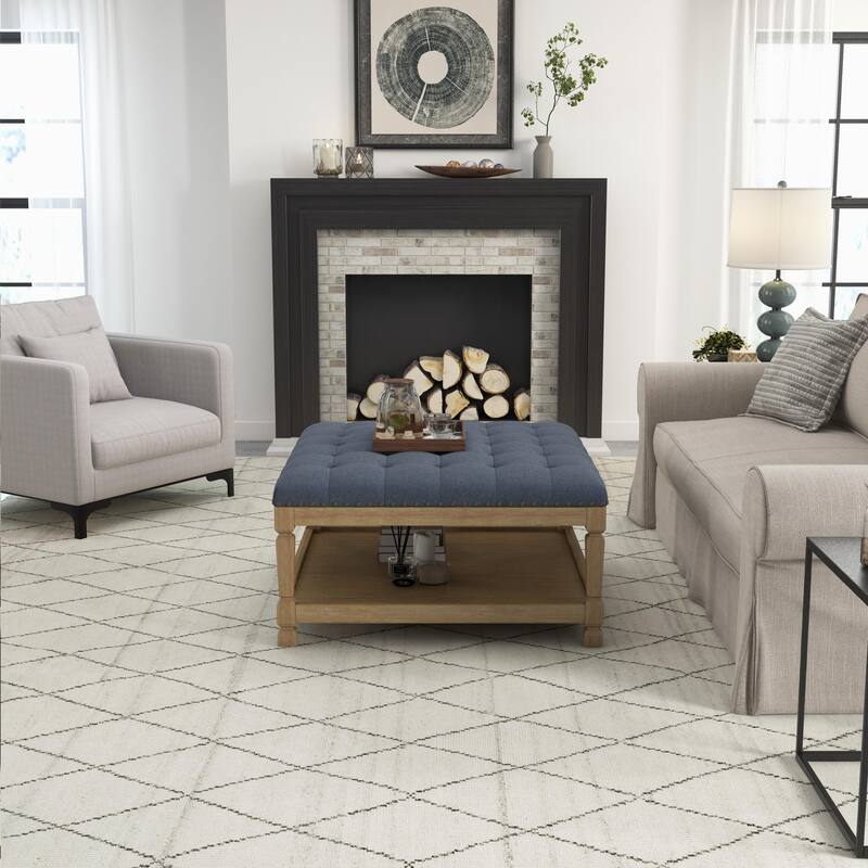 Button-Tufted Upholstered Coffee Table Ottoman with Wooden Shelf – Square Fabric Ottoman