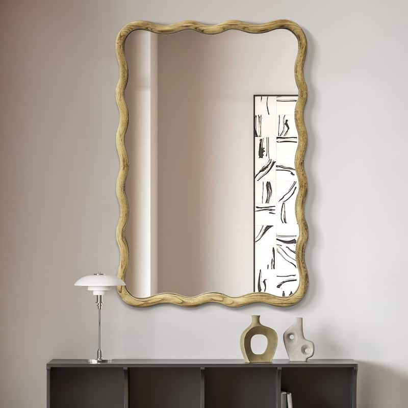 Scalloped Wood Frame Rectangle Wavy Wall Mirror