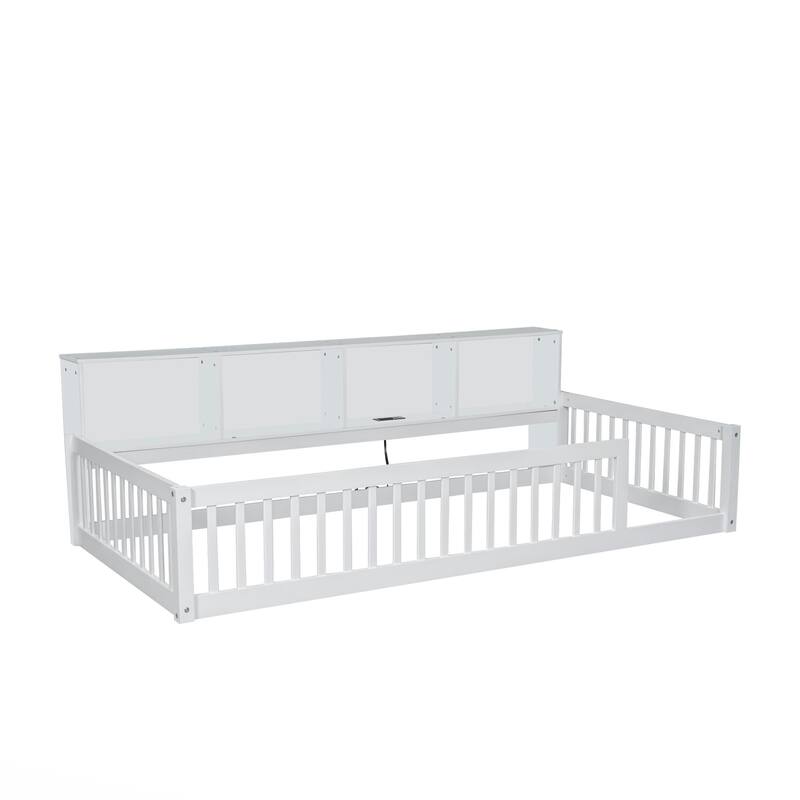 Wood Twin XL Size Floor Bed with Storage and USB Ports