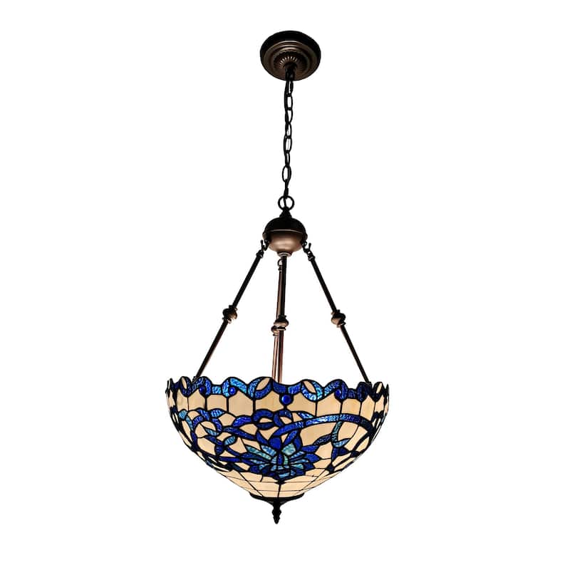 Shelly Blue/White 2-Light Stained Glass Shade Tiffany-Style Chandelier with Floral Design