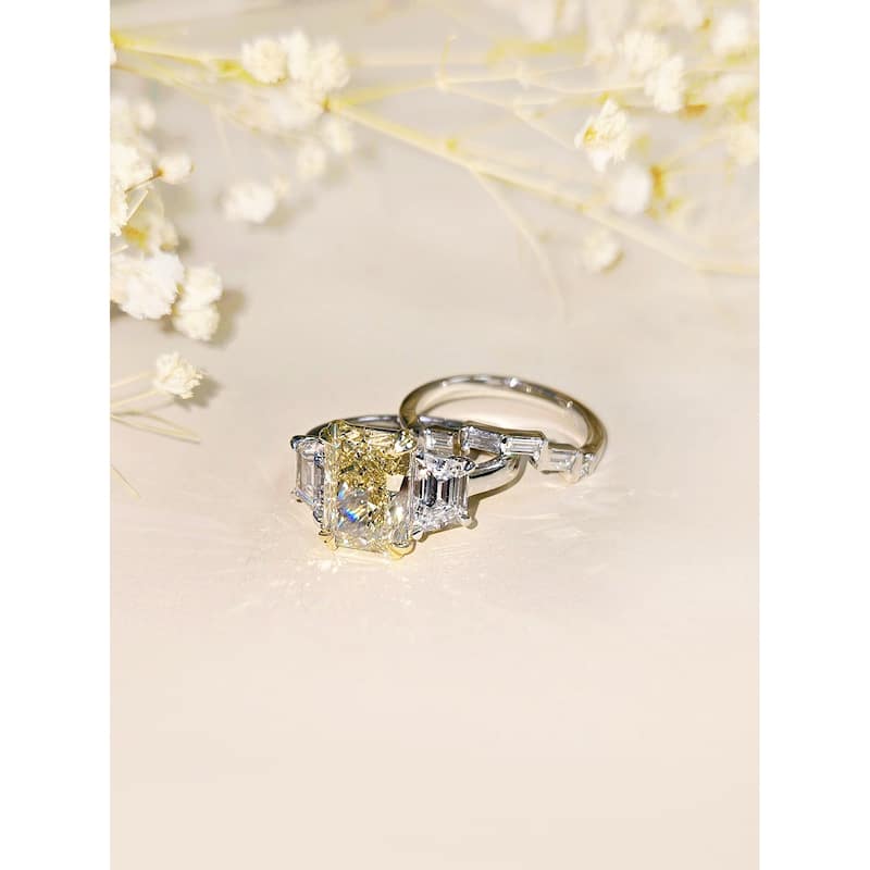 Kobelli 7.2 Carats Fancy Yellow & White Diamond Solid Platinum Radiant & Trapezoid 3-Stone Maryna Bridal Set