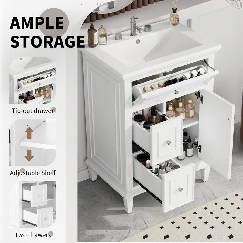 24" Bathroom Vanity with Sink, Bathroom Vanity Cabinet with One Flip Drawer and Two Drawers, Adjustable Shelf