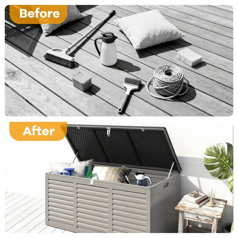 130 Gal. Upgraded Resin Deck Box, Outdoor Storage Box Waterproof with Hydraulic Rod and Side Handle, Lockable