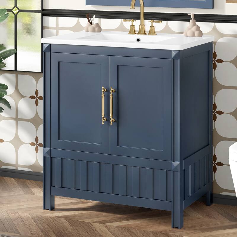 Roomfitters 30 Inch Bathroom Vanity with Sink, Solid Wood Cabinet with Door Storage and Drawer - Blue