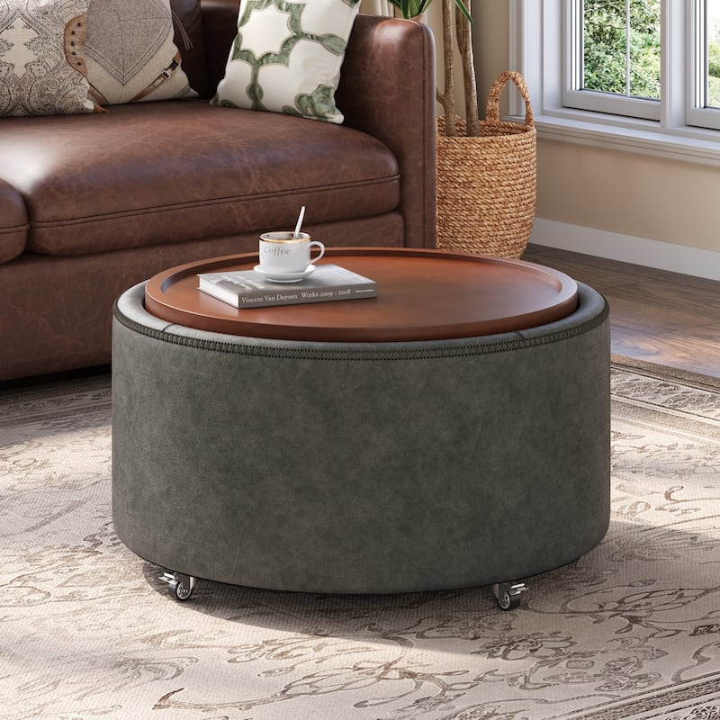 Christopher Knight Home - Mollet Modern 30" Round Hidden Storage Ottoman with Removable Wooden Lid & Rolling Wheel Casters - Grey