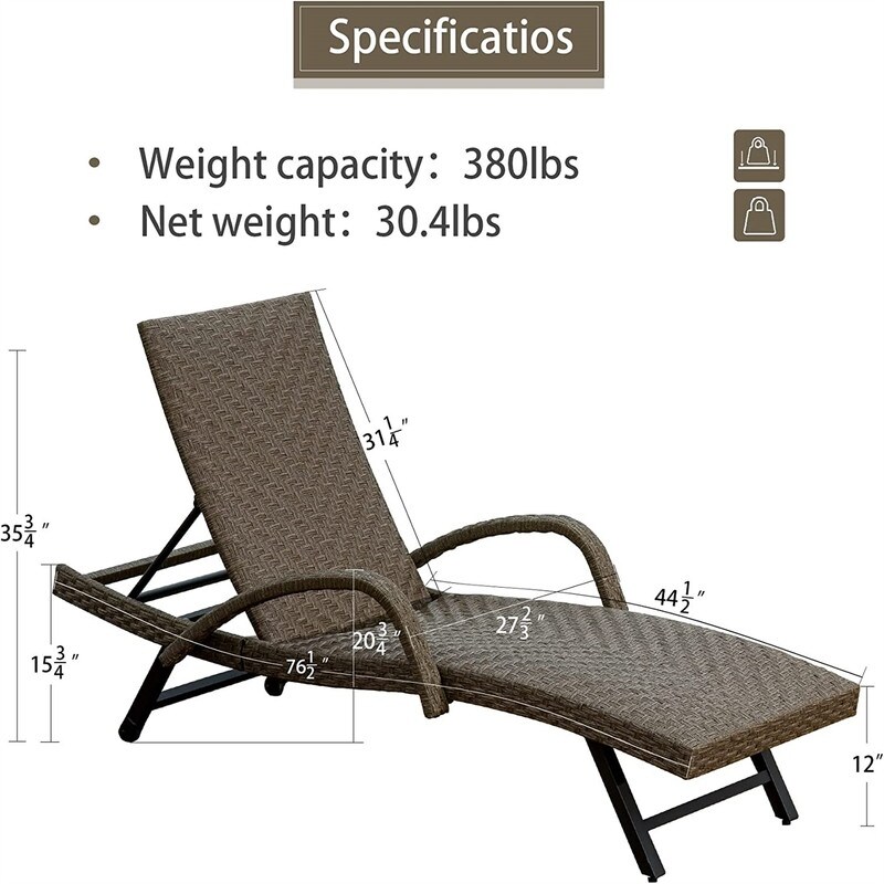 Outdoor PE Wicker Chaise Lounge with Armrest Set of 2