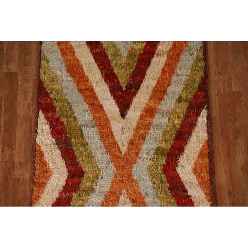 Hand Knotted Oriental 100% Wool Carpet Modern Geometric Multi-Colored Moroccan Runner Rug - 13' 3'' X 3' 2''