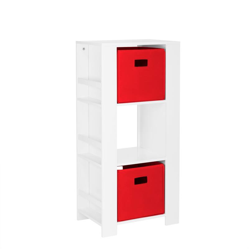 RiverRidge Kids Bookshelf and Toy Organizer Tower with 3 Cubbies and 6 Bookracks for Playroom, Nursery, and Reading Nook - White with Red Bins
