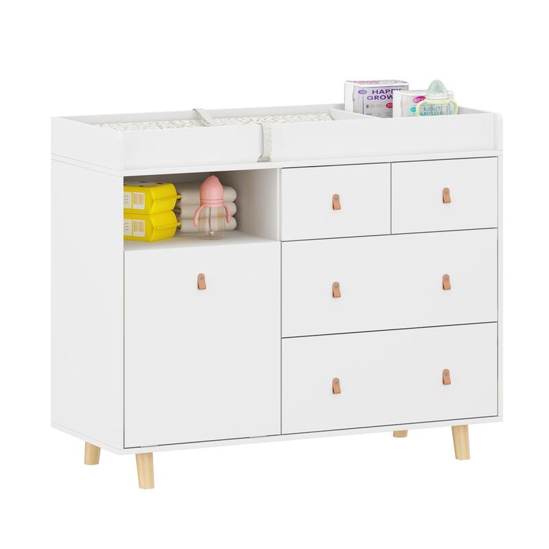 White Nursery Storage Dresser Chest with Changing Table Top,5 Drawers
