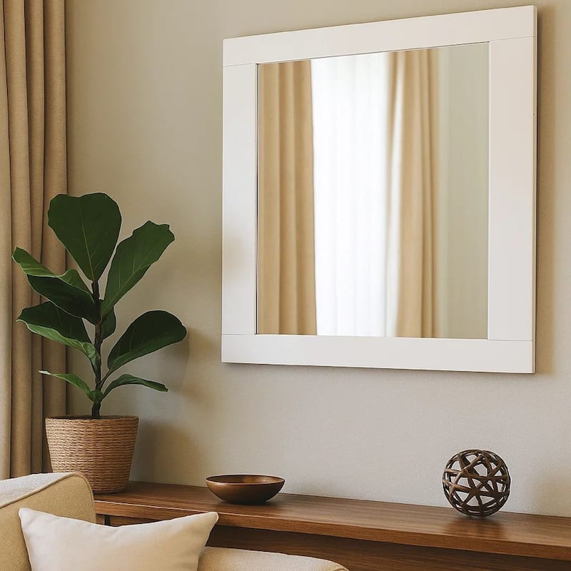 Contemporary Square Wooden Mirror with Mounting Hardware, White