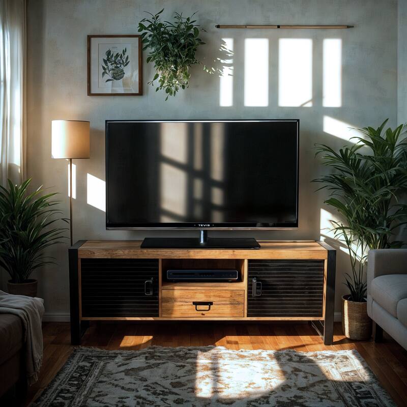 60" Groove Mango Wood TV Stand with Drawer and Black Iron Frame