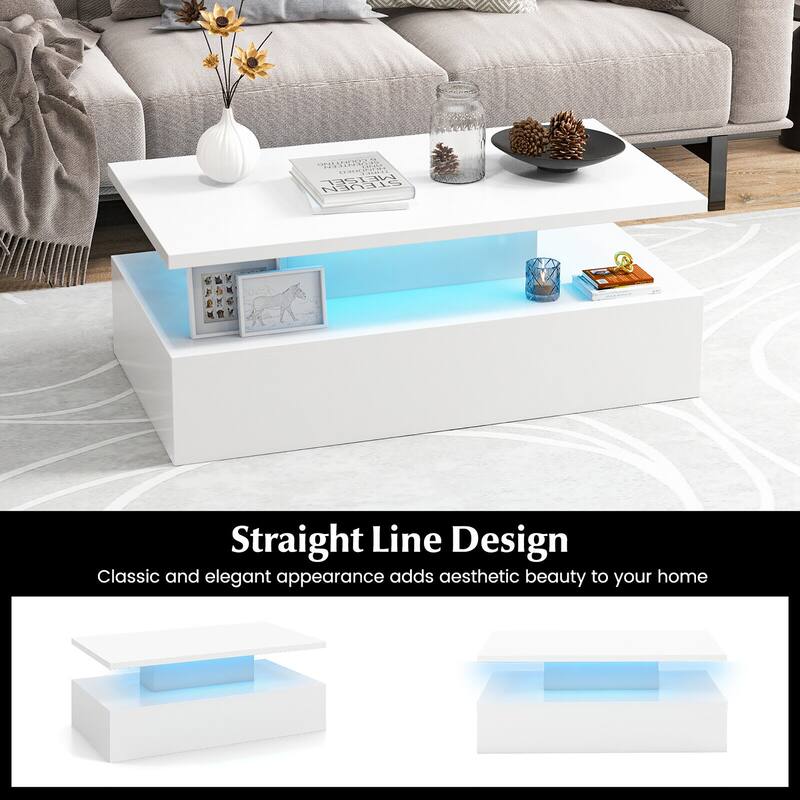 Gymax LED Coffee Table 2-Tier High Glossy with Adjustable Light &