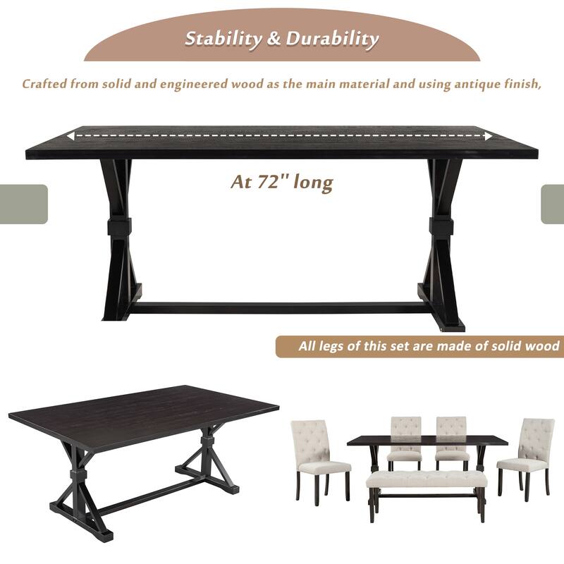 6-Piece Farmhouse Dining Table Set 72" Wood Rectangular Table, 4 Upholstered Chairs with Bench