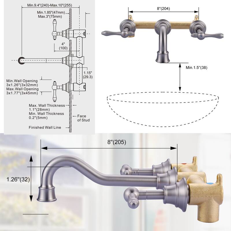 WOWOW 2 Handle Wall Mounted Antique Bathroom Sink Faucet