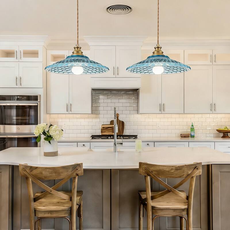 1-Light Vintage Brass & Textured Blue Glass Pendant Light for Kitchen Island - 1 Light