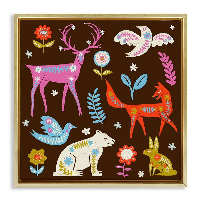 Stupell Forest Folk Animals with Florals Framed Floater Canvas Wall Art Design By Hannah Moren - 18 x 18 - Gold