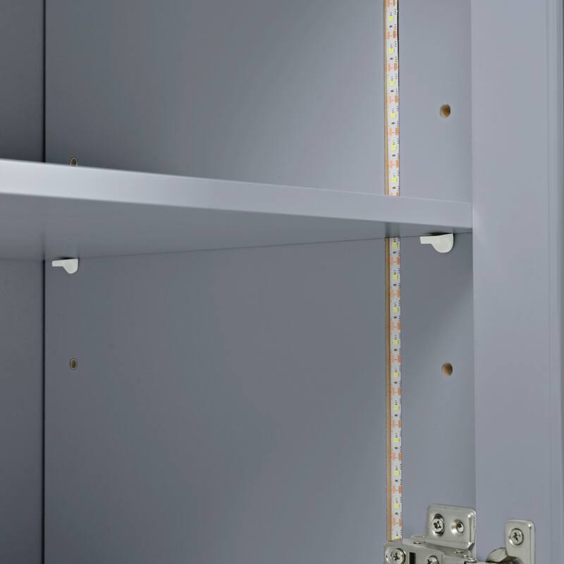 73.5'' Rubberwood Kitchen Island with LED Lights, Extended Table, Power Outlets and 2 Fluted Glass Doors